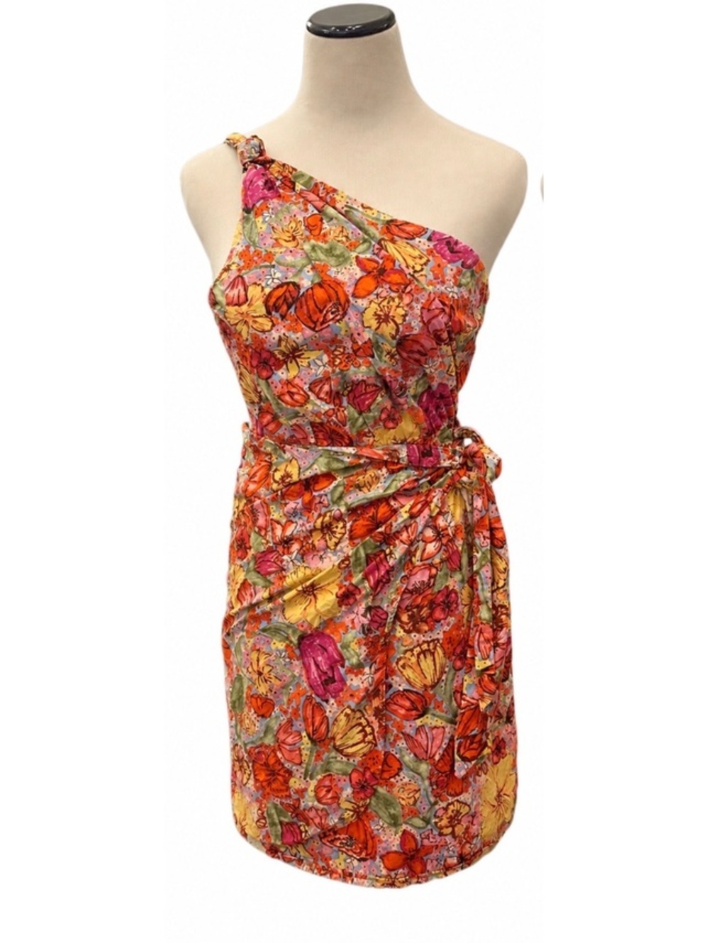 Dress Forum Vibrant Floral One Shoulder Mini Dress Sz S